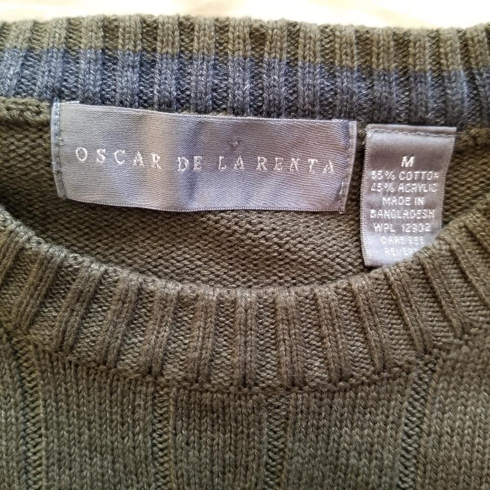 Oscar De La Renta olive green cotton blend long sleeve cable knit sweater SZ Med - Picture 3 of 4